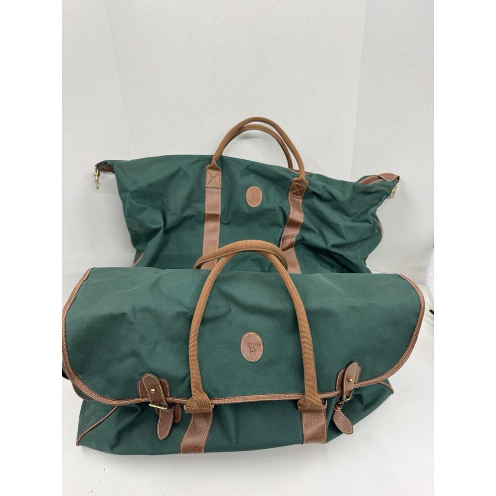Ralph Lauren Polo Green Canvas Leather Travel Bags Set Of Two